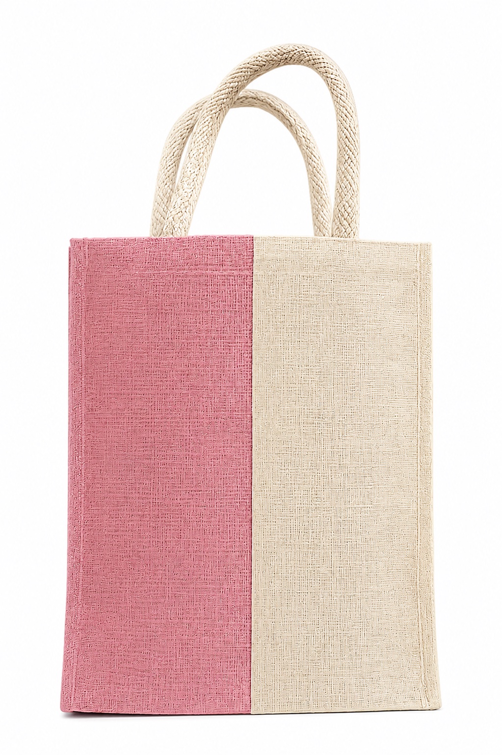 Two-Tone Laminated Jute Tote — Baby Pink & White